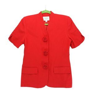 Valerie Stevens Womens Blazer Red Sz Petites 6 Short Sleeve Padded Flower Button